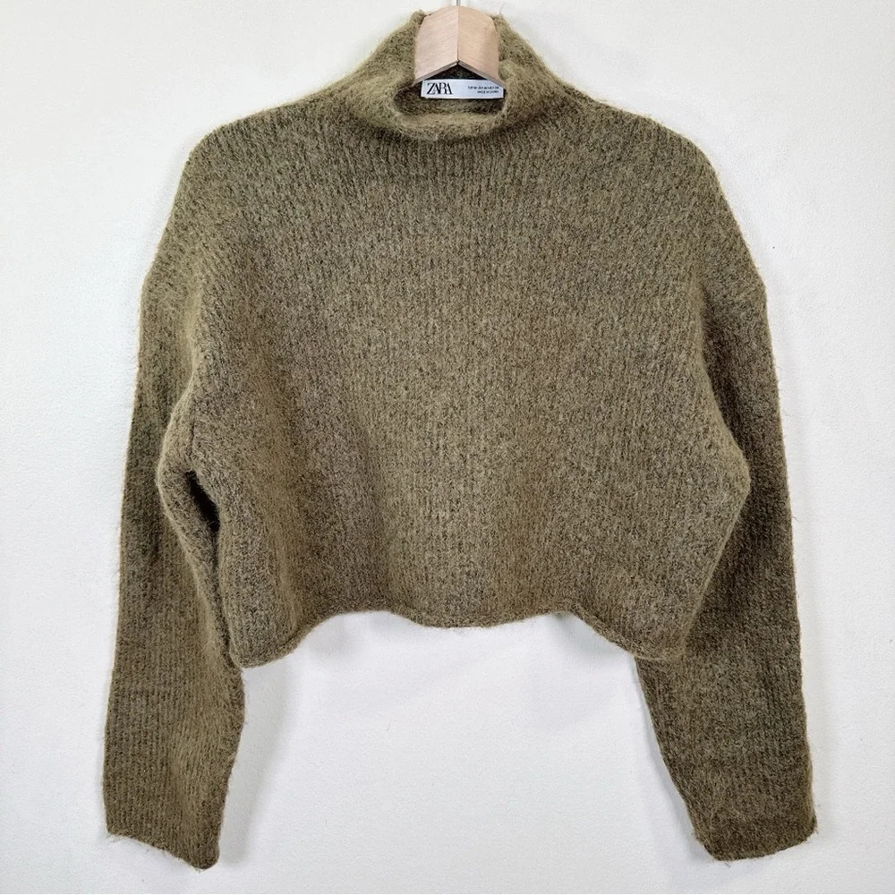 Zara Womens Size Medium Dark Olive Cropped Tunnel Knit Sweater - Picture 5 of 14